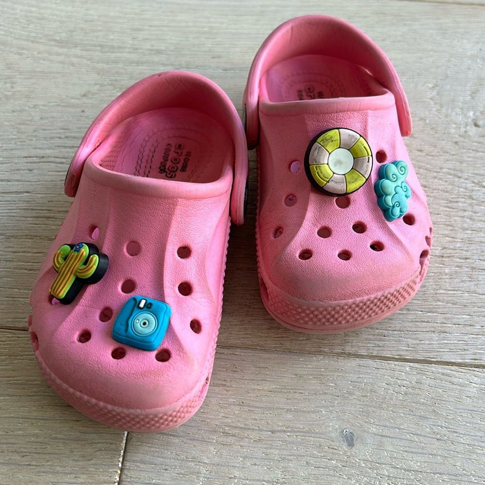 Pink Crocs with Summer Jibbitz / Designs. Size 6